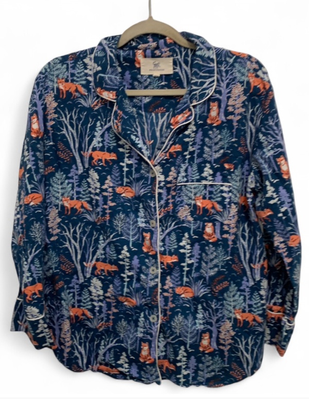 Printfresh Blue Woodland Fox Button-Front Long Sleeve Pajama Shirt
